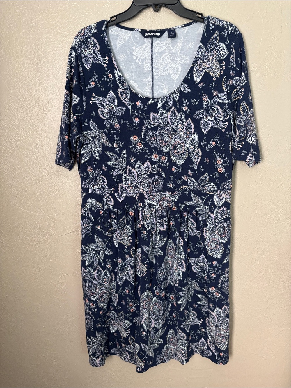 Lands End Dress Navy Blue Floral Pockets Banded Waist Women’s Large 14-16